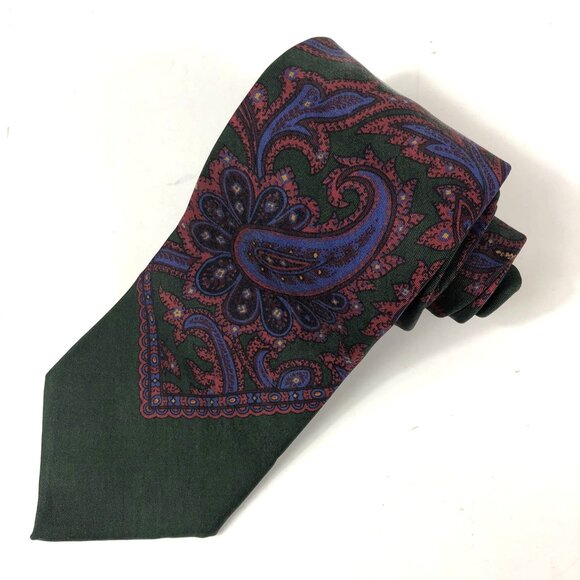 Vintage Polo Ralph Lauren Tie Dark Green Silk Paisley Handmade Italy Classic - Picture 1 of 9